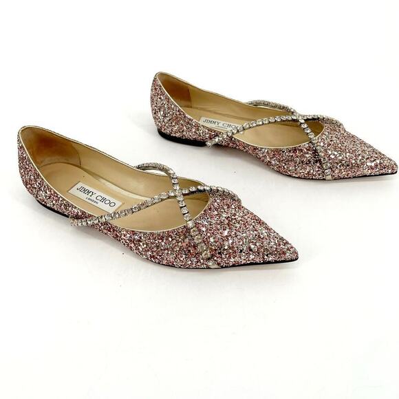 Jimmy Choo Rose Gold Genevi Coarse Glitter Crystal Pointed Toe Flat size IT 39.5 - Picture 2 of 13